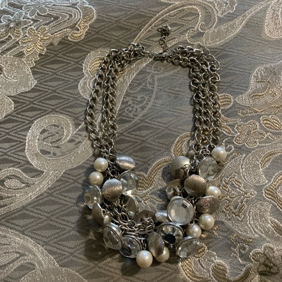 Jewelry - Statement Silver-Tone Necklace with Pearl and Crystal Accents